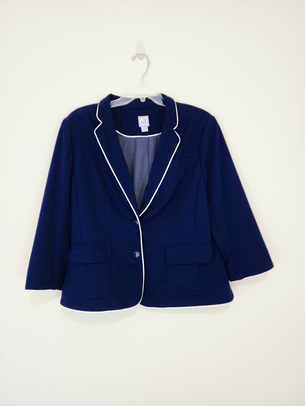 Classic Navy Blue Knit Blazer White Piping Size XL Nautical Summer Stretch JCP
